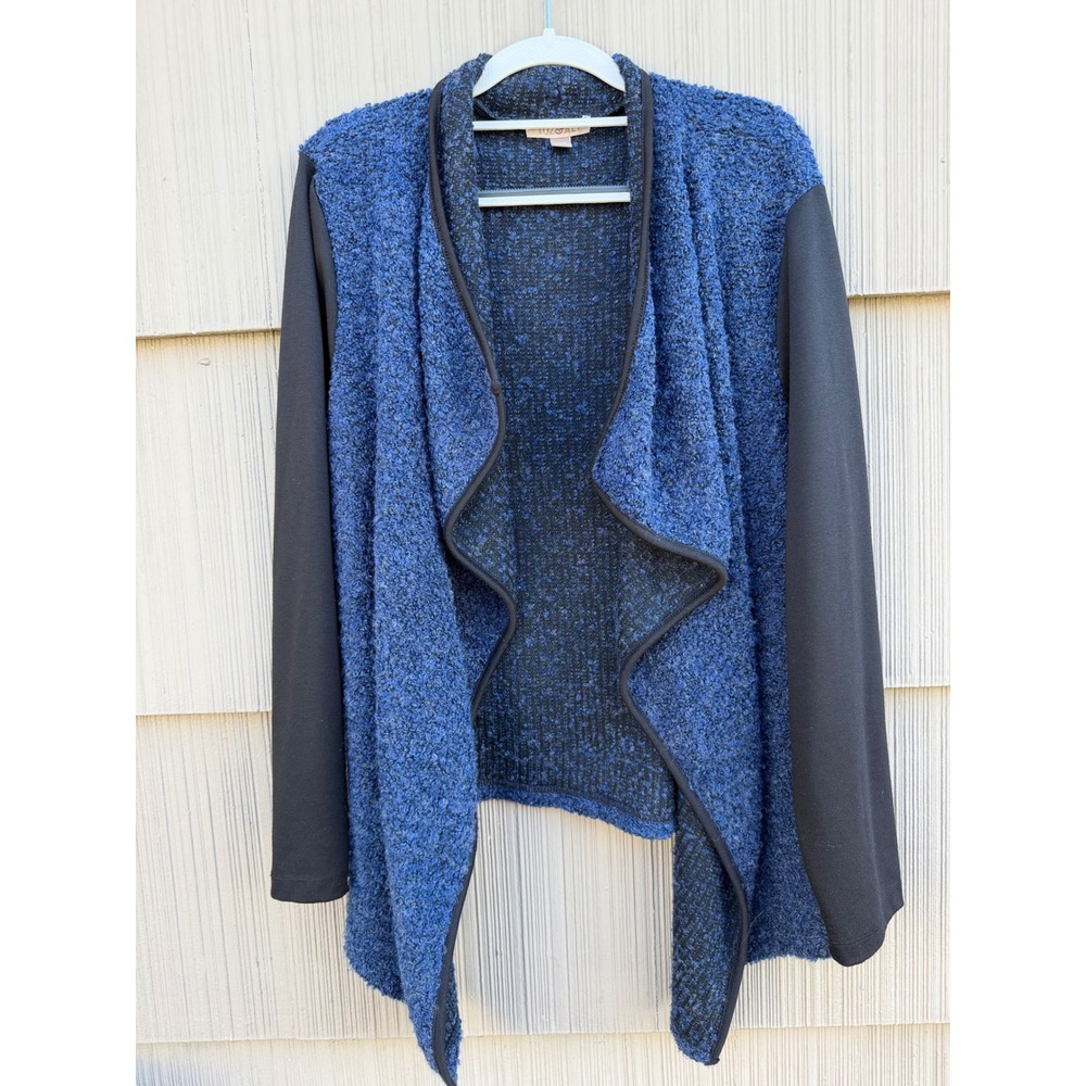 Roz & Ali Blue Boucle Waterfall Open Front Cardigan Black Contrast Sleeve 2X